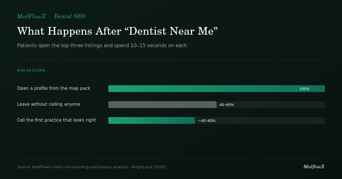 Chart showing what happens after a patient searches dentist near me: they open the top three map pack listings, spend 10 to 15 seconds on each, and 40 to 60 percent leave without calling any practice